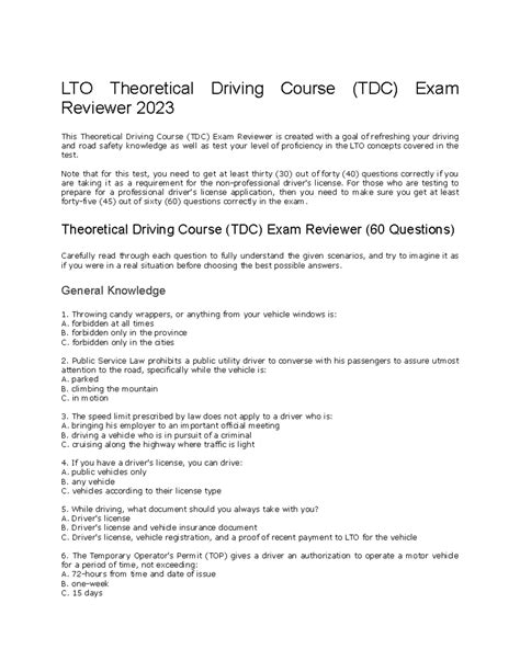 LTO Theoretical Driving Course (TDC) Exam Reviewer 2023.